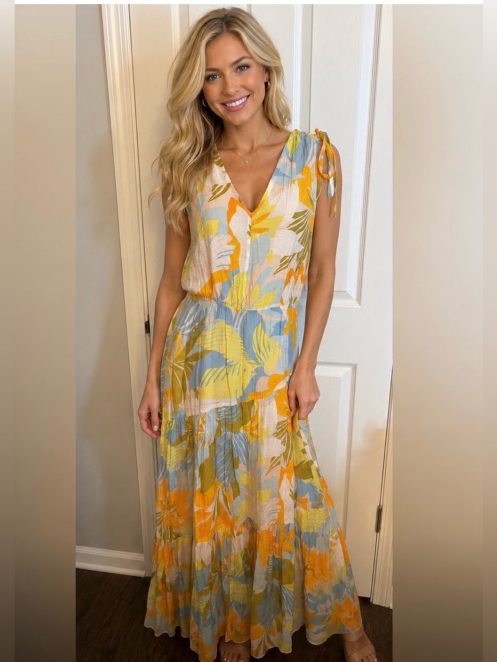 💜1 STATE Floral Maxi Yellow Sleeveless Elastic Waist V Back Dress, Small